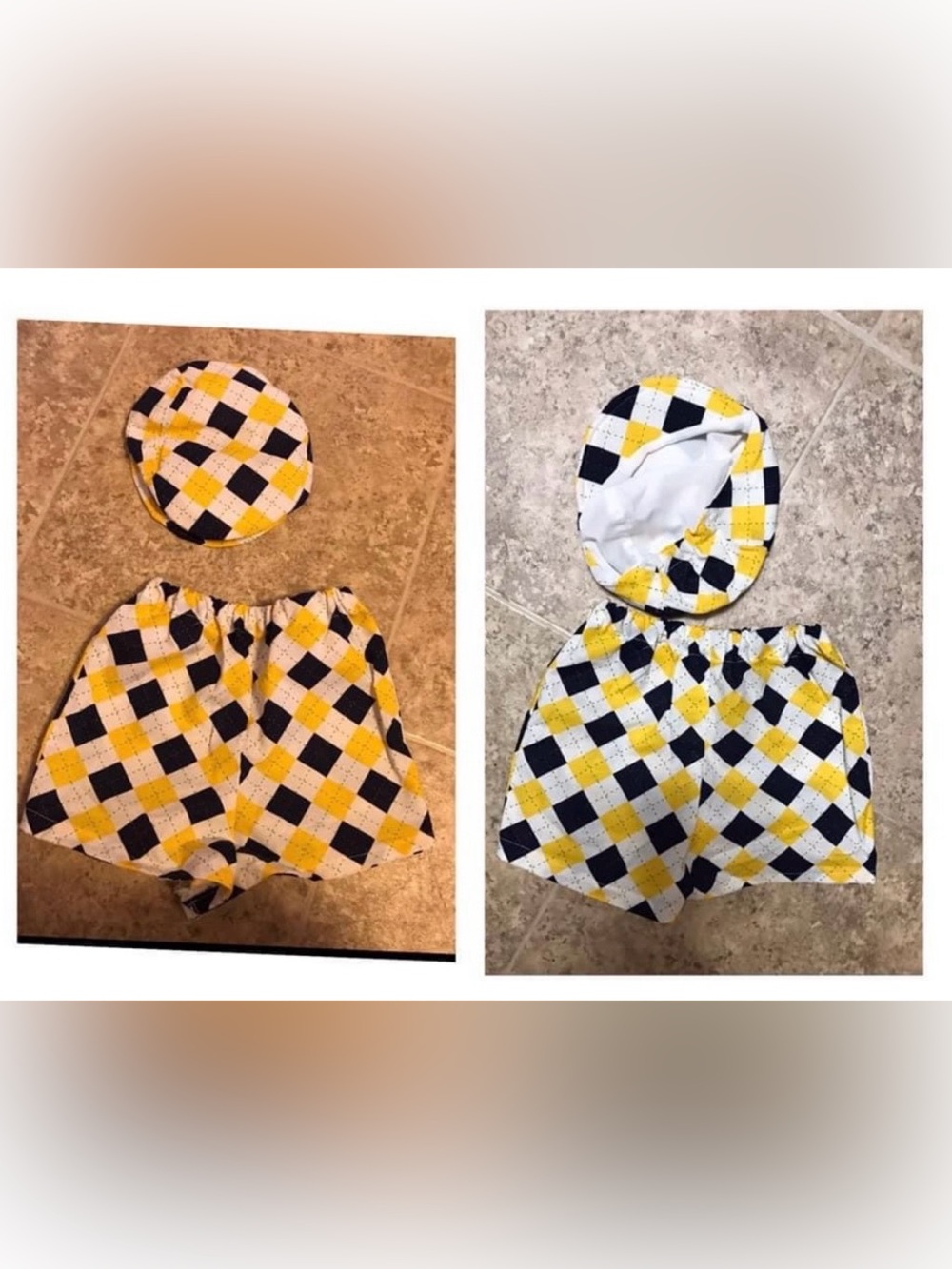 NWOT 12M Custom Made Yellow/navy/white diamond design shorts/Newsboy hat set.